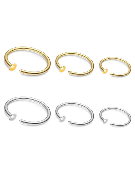 Set 6 Aros de Nariz Oro 22G Acero Quirúrgico 6mm 7mm 8mm