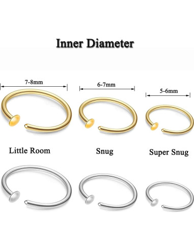 Set 6 Aros de Nariz Oro 22G Acero Quirúrgico 6mm 7mm 8mm