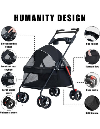 Carrito Plegable para Perros y Gatos OMDOCA 18 kg Negro