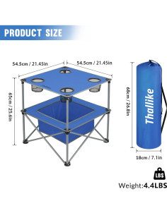 Mesa de Camping Plegable Thallike 55x55cm con 4 Portavasos 2