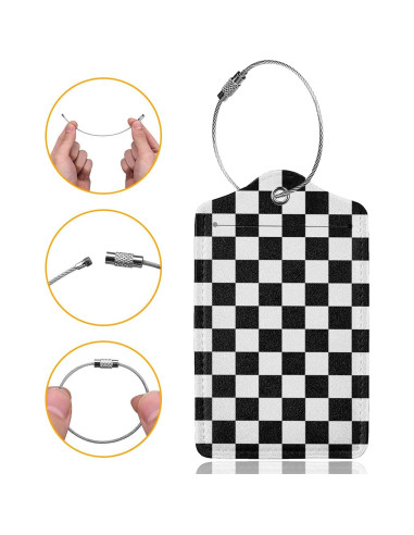 2 Etiquetas de Equipaje de Cuero Sintético AGAXOZW - Cuadrícula Negra y Blanca