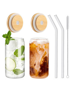 Set de 2 Vasos de Vidrio 16 oz con Tapa de Bambú y Popote WISIMMALL