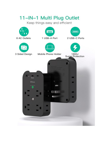 Extensor de Enchufe Mifaso 8 Enchufes 2 USB C Protector 1800 Julios