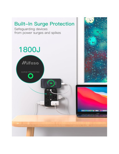 Extensor de Enchufe Mifaso 8 Enchufes 2 USB C Protector 1800 Julios