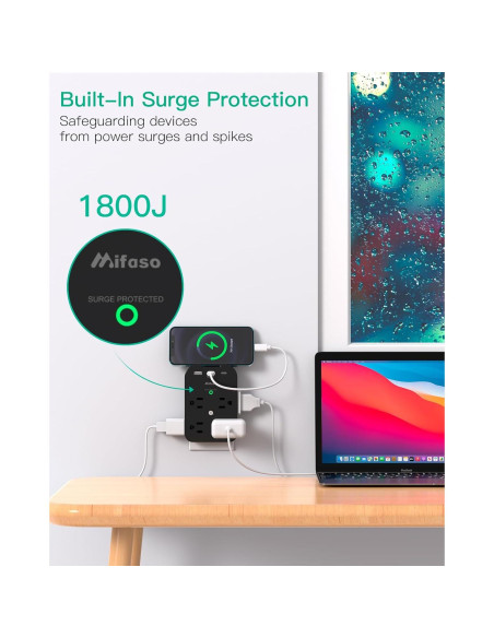 Extensor de Enchufe Mifaso 8 Enchufes 2 USB C Protector 1800 Julios
