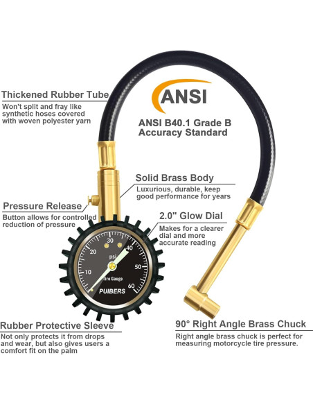 Manómetro de Presión de Neumáticos PUIBERS 60 PSI con Chuck 90