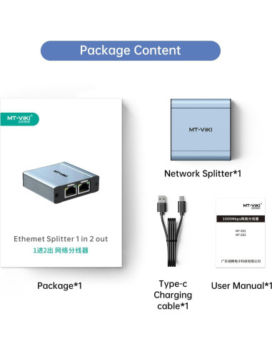 Divisor Ethernet 1 a 2 MT-VIKI 1000Mbps RJ45 Aluminio