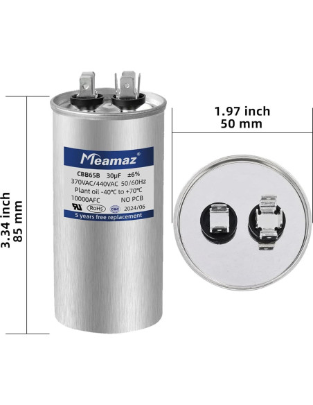 Capacitor CBB65 Meamaz 30uF +/-6% 370V/440V Redondo 5cm Capacitor CBB65 Meamaz 30uF +/-6% 370V/440V Redondo 5cm