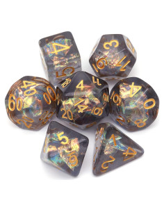 Juego de Dados DND Haxtec Negro 7PCS con Inclusión Iridiscente