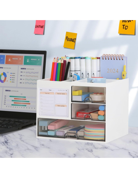 Organizador de Escritorio LETURE Blanco con 3 Cajones y 8 Compartimentos