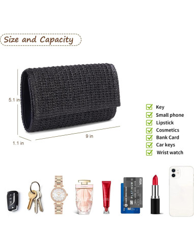 Bolso de mano de paja Kseymeir negro con correa desmontable