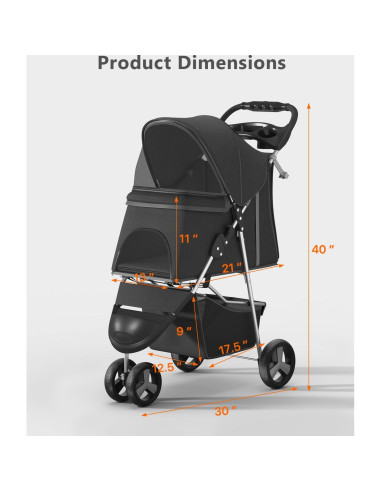 Carrito para Mascotas OS MOTOR 3 Ruedas Plegable Negro 15 kg