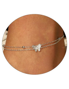 Pulsera de Tobillo Feskive 2 Capas Cuentas Mariposa Plata