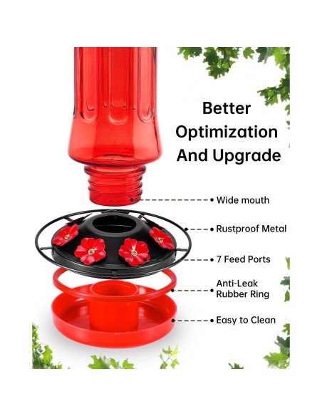 Comedero para Colibríes HouseSapp de Vidrio 680g 7 Puertos Rojo