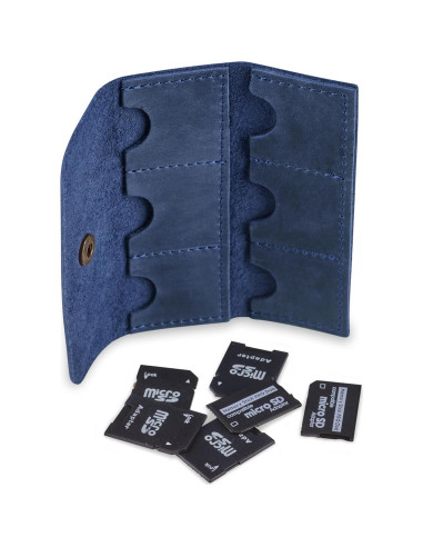 Estuche Porta Tarjetas SD de Cuero MAKYN Azul - Organizador 6 Tarjetas