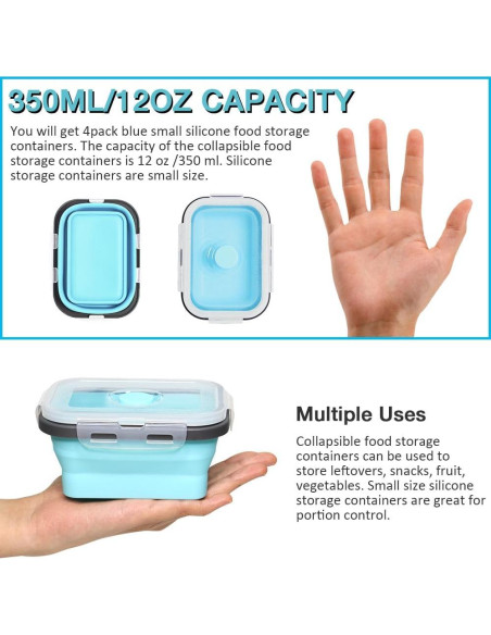 Contenedor de Almacenamiento de Alimentos Silicona Plegable 350 ml 4 Pack Azul