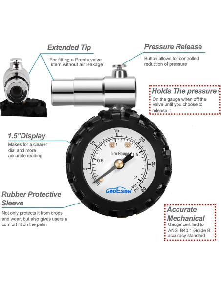 Medidor de Presión de Neumáticos GODESON Presta 0-30PSI