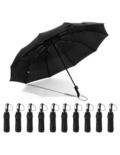 Paquete de 10 Paraguas Plegables LEIFIDE Automáticos Negros