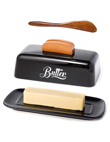 Plato de Mantequilla Cerámica AISBUGUR Negro con Tapa y Cuchillo