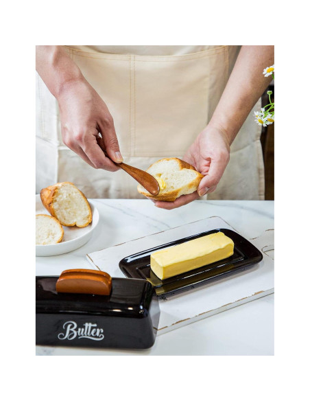 Plato de Mantequilla Cerámica AISBUGUR Negro con Tapa y Cuchillo