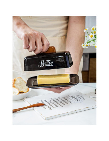 Plato de Mantequilla Cerámica AISBUGUR Negro con Tapa y Cuchillo