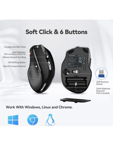 Ratón Inalámbrico Silencioso TECKNET 2.4G 6 DPI Ajustables Negro
