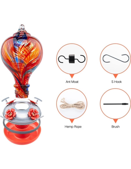 Alimentador de Colibrí Muse Garden de Vidrio Soplado 0.91L Alimentador de Colibrí Muse Garden de Vidrio Soplado 0.91L