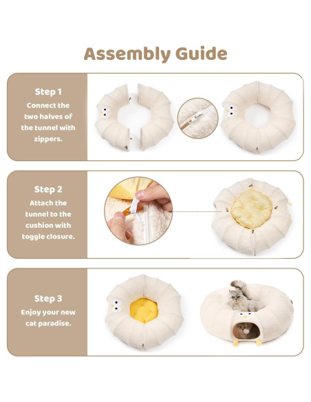 Túnel Cama para Gatos EHEYCIGA Beige 2 en 1 con Cojín Lavable