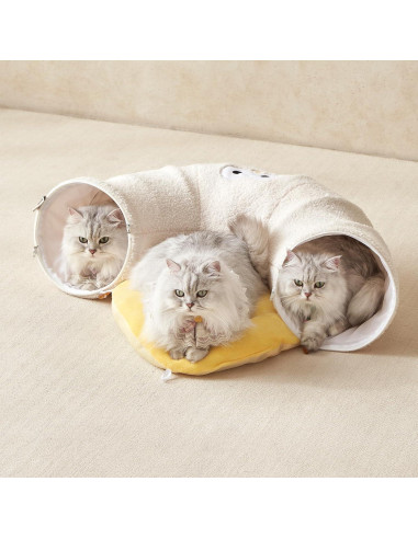 Túnel Cama para Gatos EHEYCIGA Beige 2 en 1 con Cojín Lavable