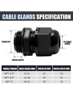 2 Pcs Conectores de Cable Gland Ajustables Nylon IP68 Negro 2