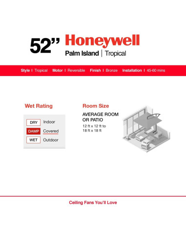 Ventilador de Techo Honeywell Palm Island 132 cm Bronce Sin Luz
