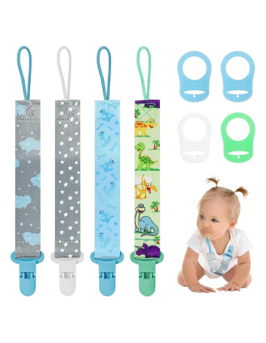 4 Clips de Chupete para Bebé con Adaptadores de Silicona