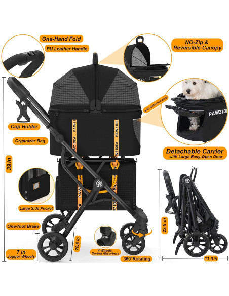 Carrito Doble para Mascotas PAWZIDEA Guerrero Negro 57x44cm