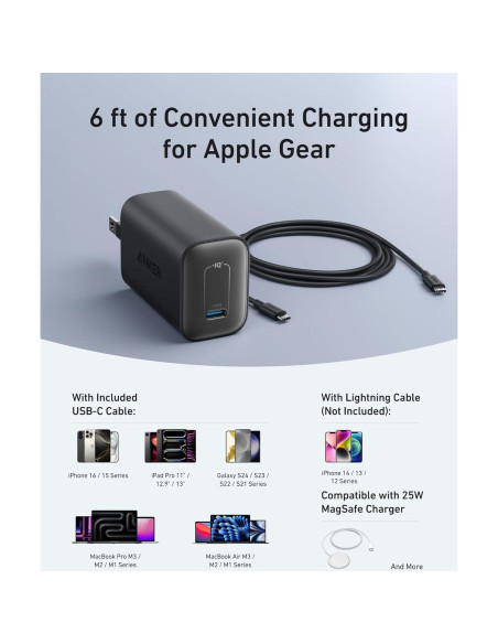 Cargador Anker Nano 100W Tipo C Plegable Negro con Cable 1.8m