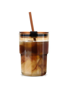 Taza de vidrio Luxfuel 400 ml con tapa y popote reutilizable