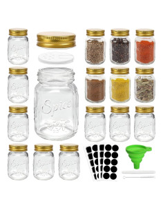 CycleMore 15 Tarros de Especias de Vidrio 118ml con Tapas Doradas