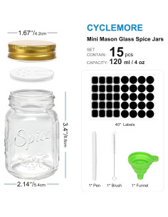 CycleMore 15 Tarros de Especias de Vidrio 118ml con Tapas Doradas 2