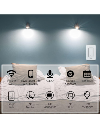 Interruptor de Luz Inteligente WiFi MOES 2 Gen Sin Neutro 7W