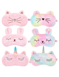 Geyoga 6 Pcs Máscaras de Sueño de Felpa - Conejo, Unicornio y Gato
