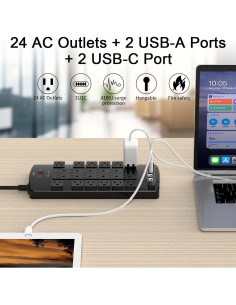 Regleta de Sobretensión QINLIANF 24 Salidas 4 USB 1.83m 1875W 2
