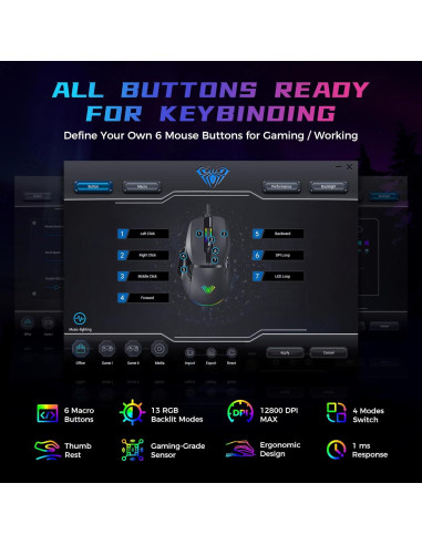 Ratón Gaming AULA F815 RGB 12800 DPI 6 Botones Macro