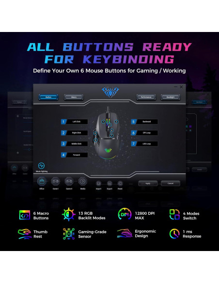 Ratón Gaming AULA F815 RGB 12800 DPI 6 Botones Macro