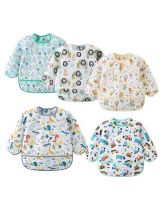 Paquete de 5 Baberos de Manga Larga Impermeables para Bebés