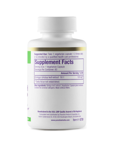 Extracto de Ginkgo Biloba Paradise Herbs 60 Cápsulas Veganas