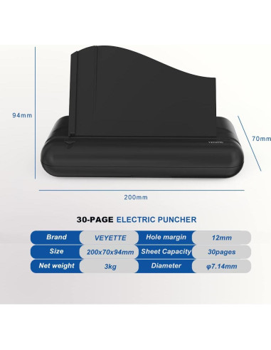 Perforadora Eléctrica VEYETTE 3 Agujeros 30 Hojas Negro