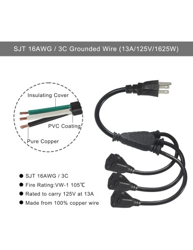 Divisor de Corriente KUNCAN 3 Salidas 0.3m 16AWG 13A Negro