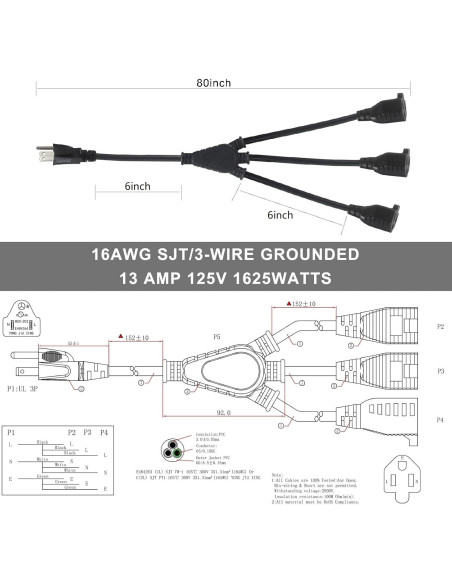 Divisor de Corriente KUNCAN 3 Salidas 0.3m 16AWG 13A Negro