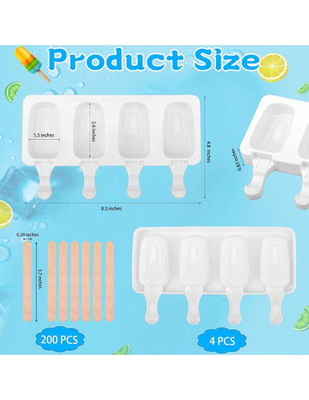 4 Moldes de Silicona para Paletas SAYAYA con 200 Palitos
