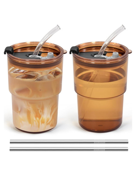 Set de 2 Vasos Reutilizables Icesip 450 ml con Tapas y Pajitas