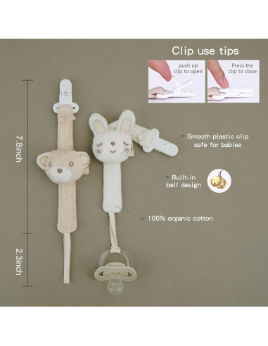 Clip de Chupete COTTONBEBE Unisex Elefante y Oso - 2 Piezas